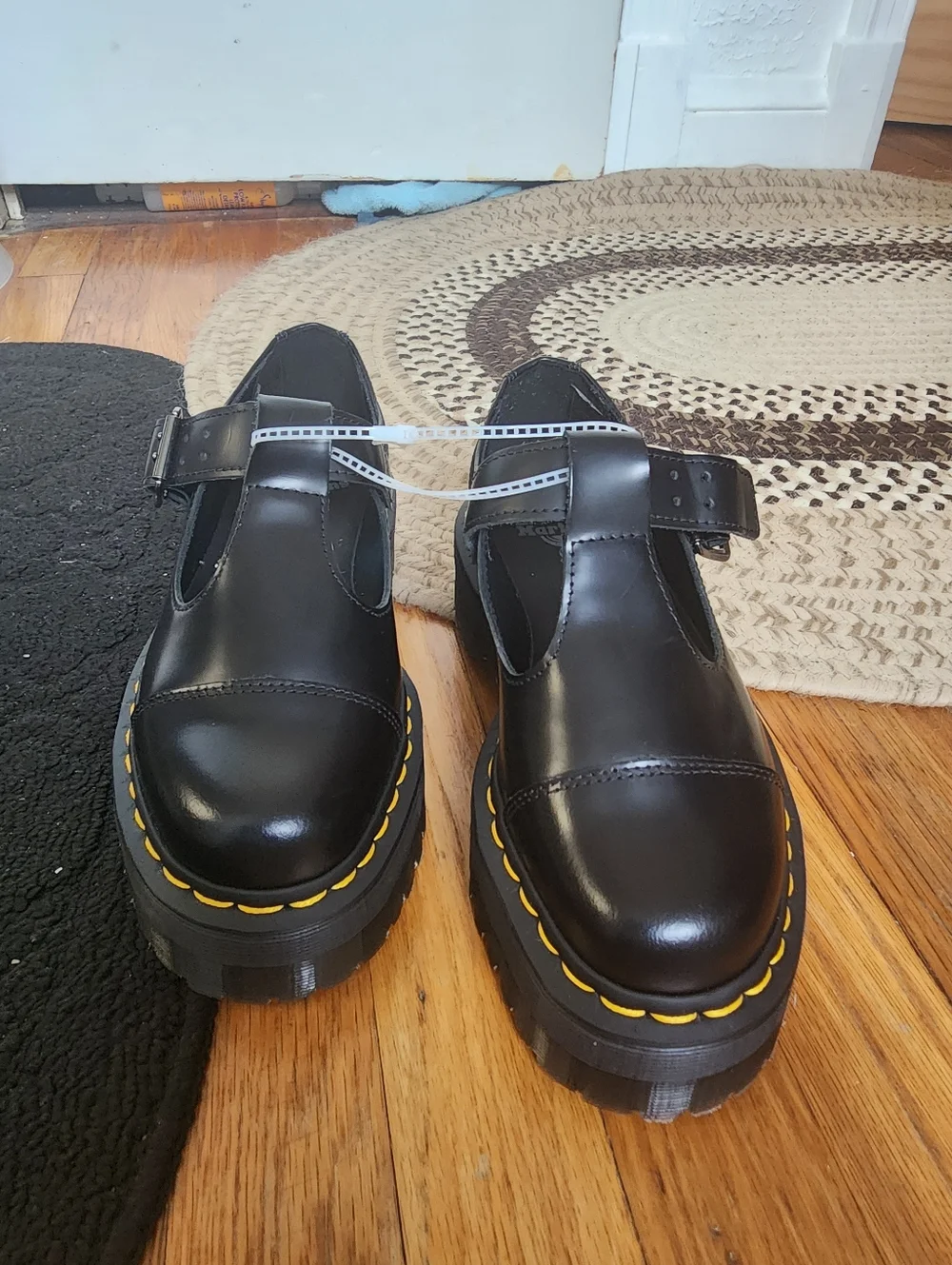 Dr. Martens Bethan Black Mary Jane Shoes with Yellow Stitch Accent